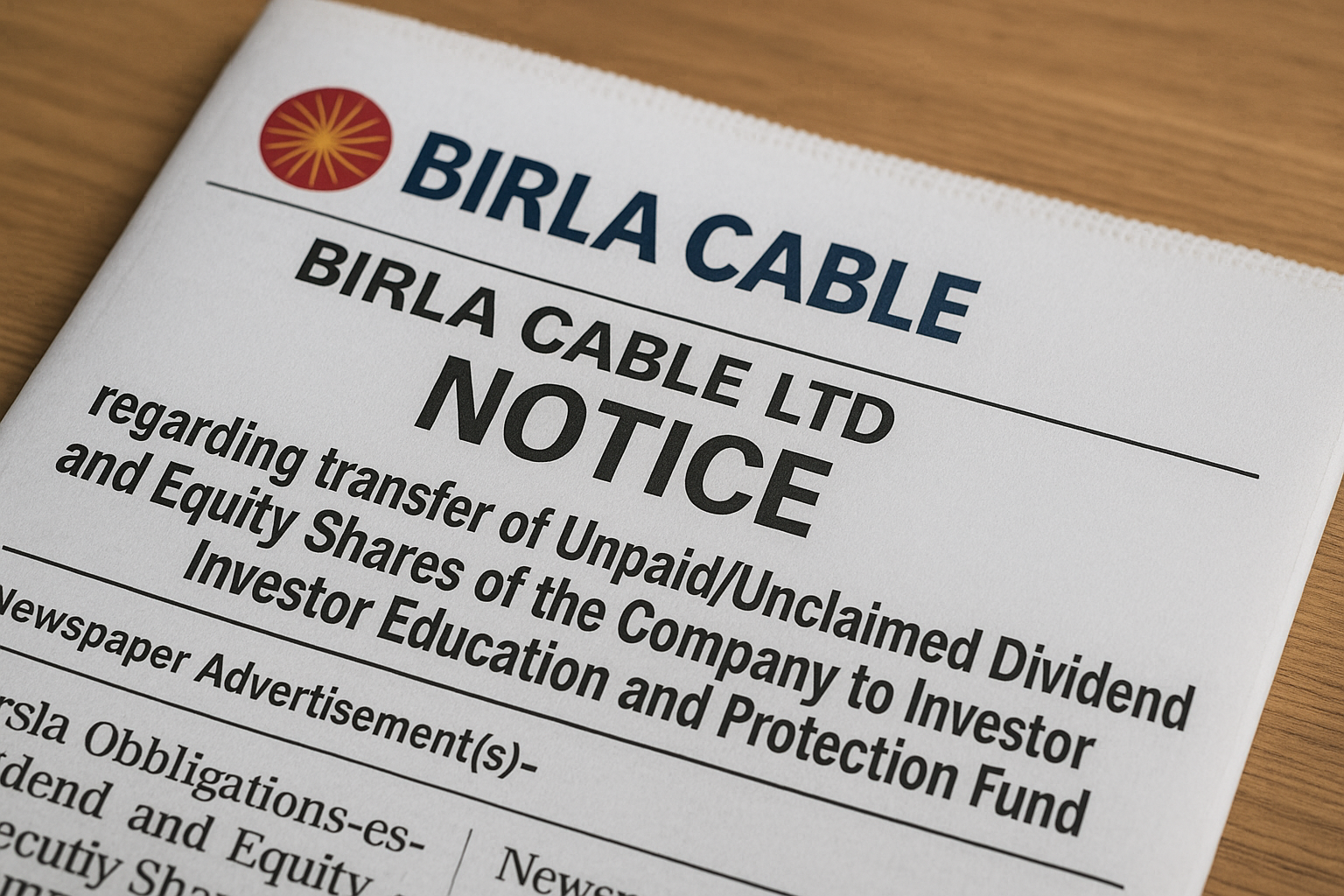 Birla Cable Issues IEPF Transfer Notice via Newspaper Ad
